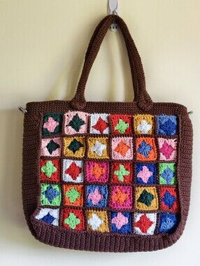 Handmade Brown Crochet Tote with Multicolor Granny Squares